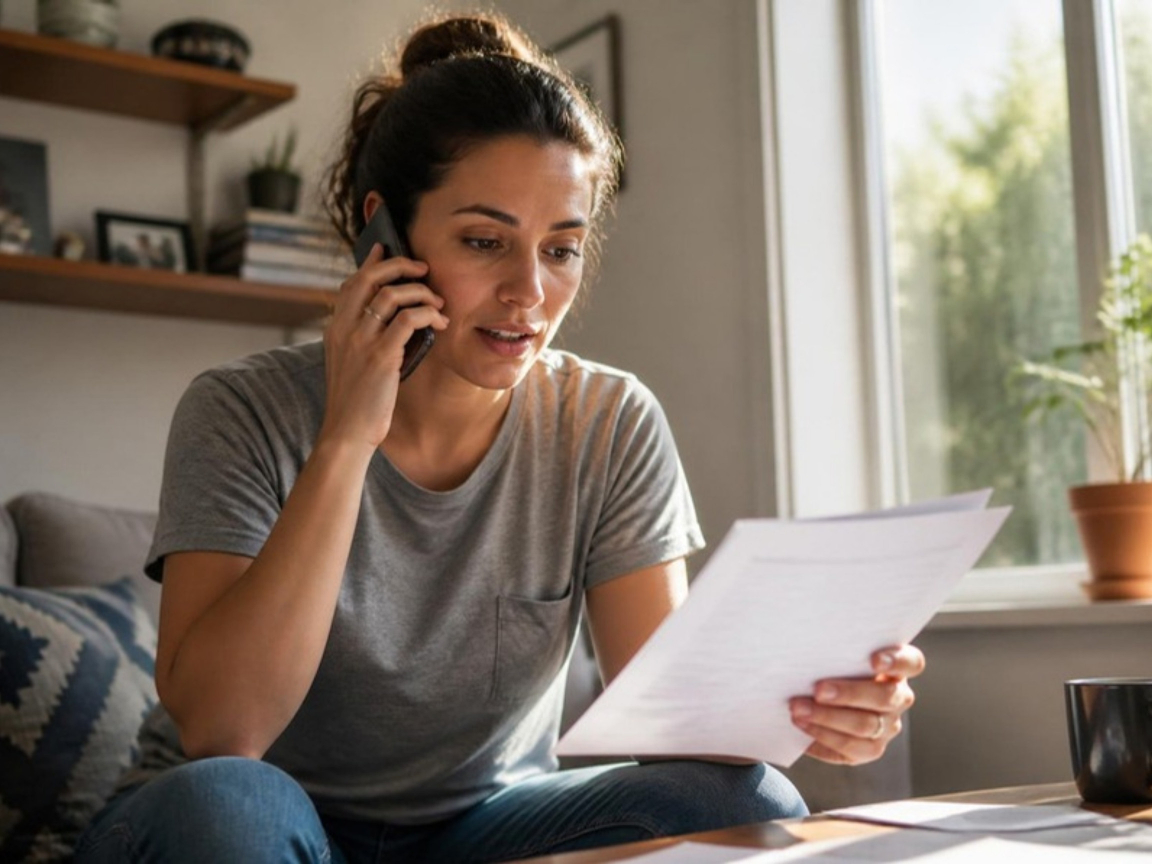 A person on a call with documents at hand